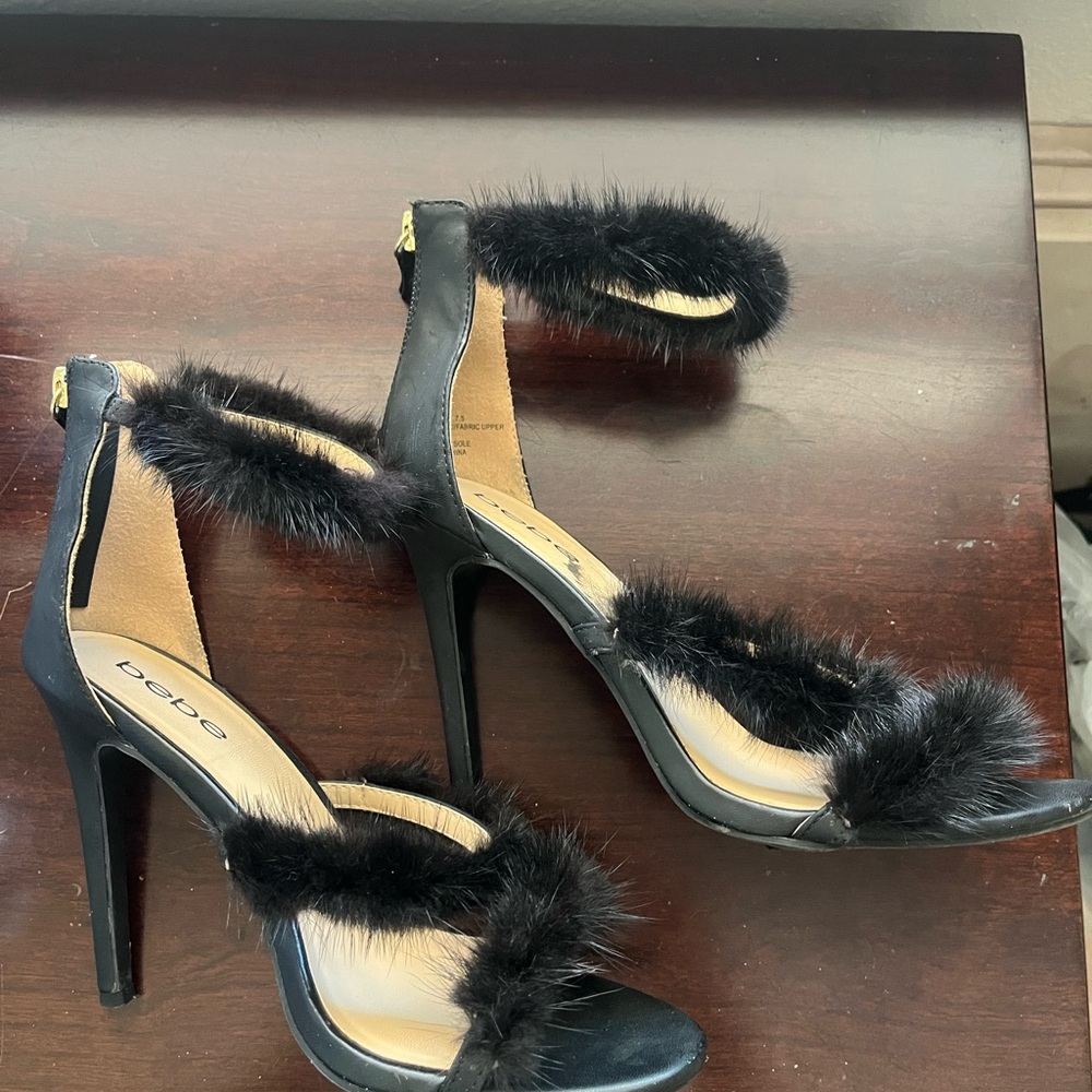 Bebe Black Fur-Trimmed Women's Heels